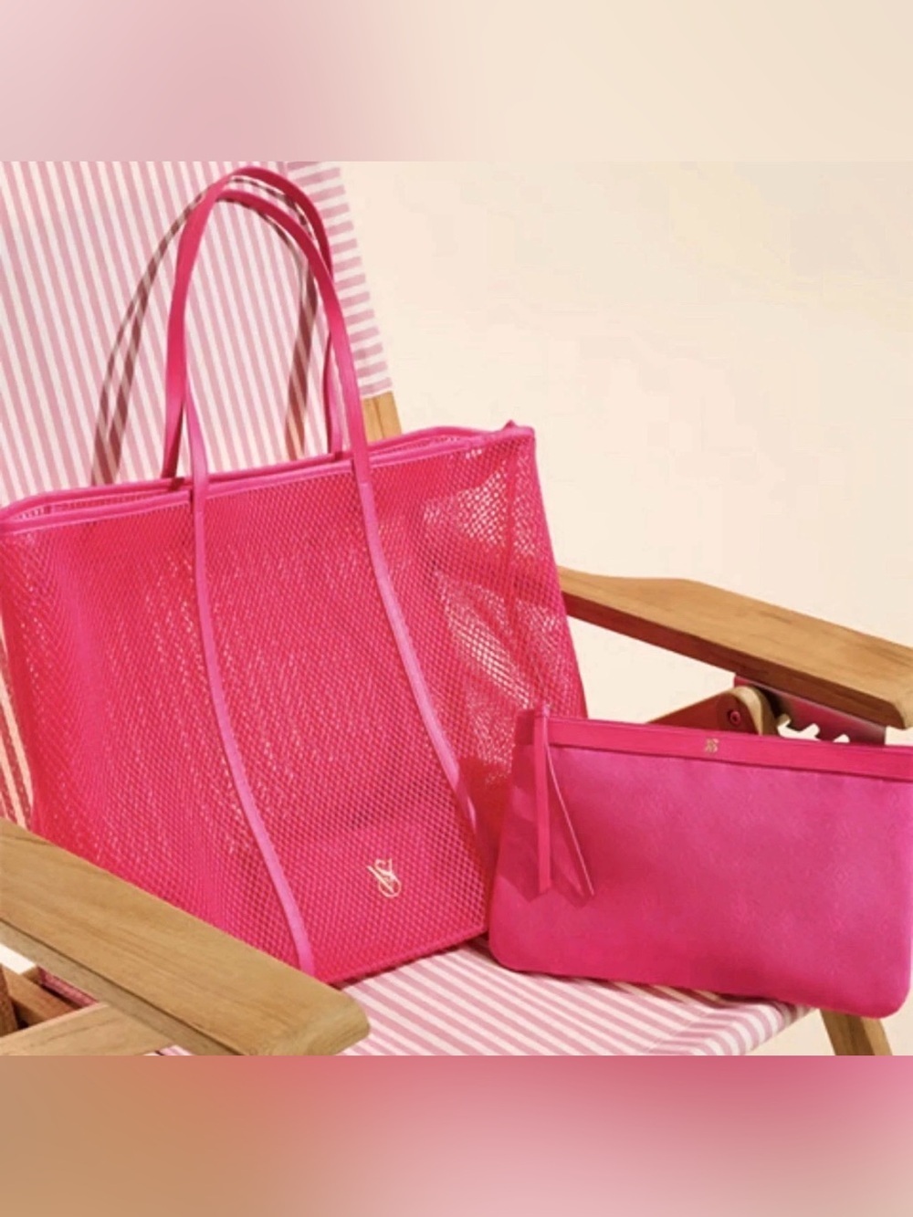 Victoria's Secret Hot Pink Summer Logo Mesh Tote Pouch Set Lightweight Beach Bag